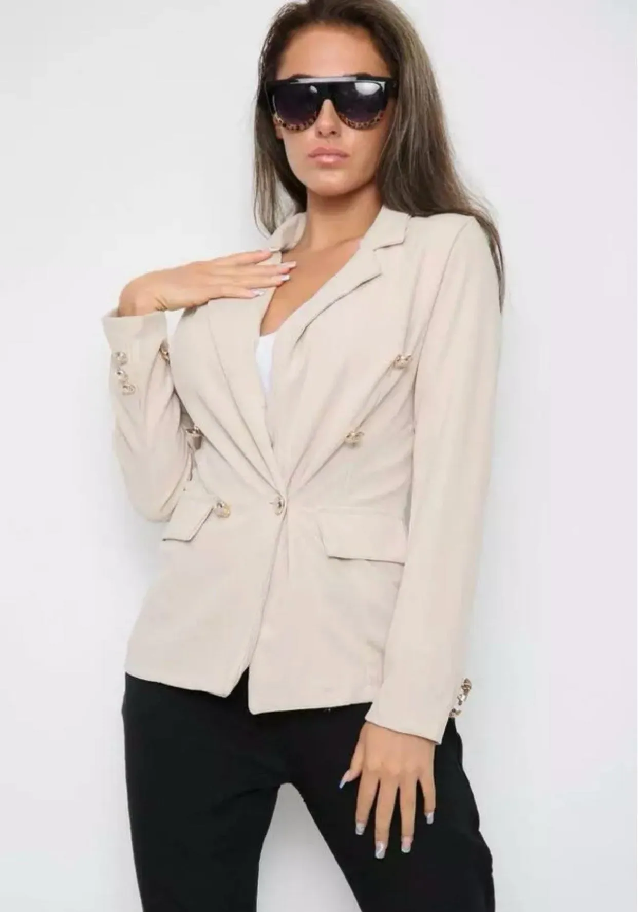 New Ladies Gold button stretch military style double breasted blazer jacket Womenswear