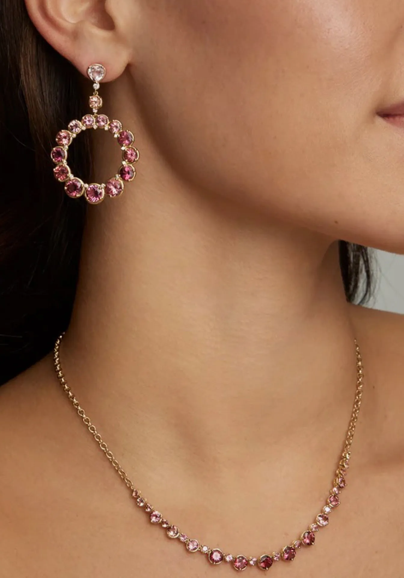 Ombré Circular, 18K Yellow Gold, Pink Tourmaline   Diamond Earrings