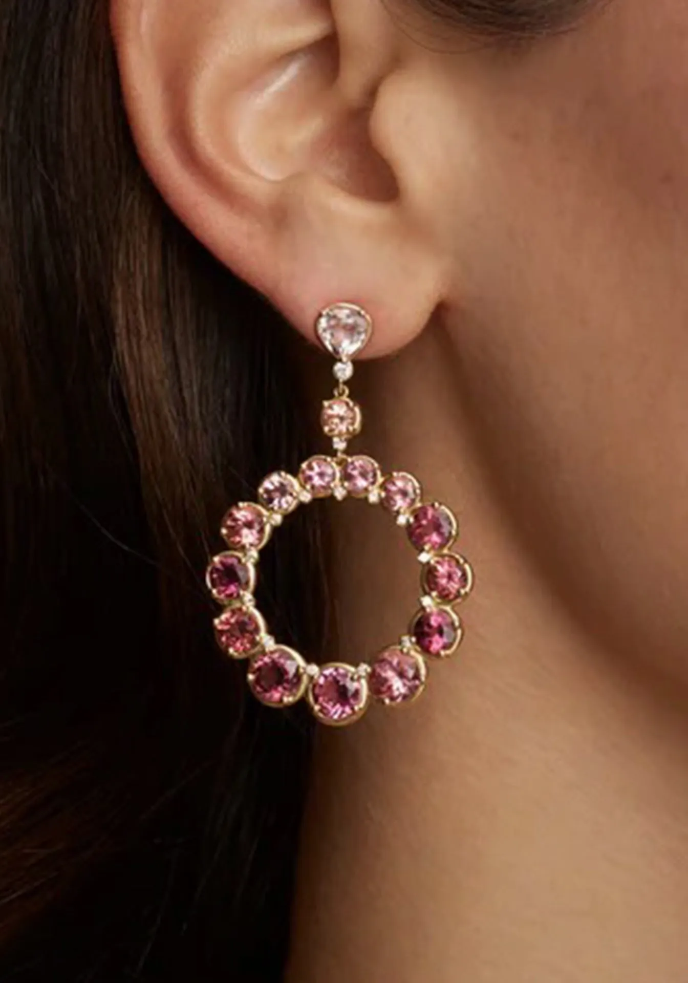 Ombré Circular, 18K Yellow Gold, Pink Tourmaline   Diamond Earrings