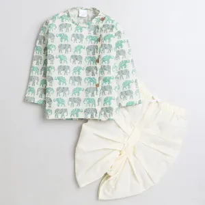 Polka Tots Dhoti Kurta Set for Boys 100% Super Soft Cotton Traditional Ethnic Wear For Kids Green Elephant - Cream