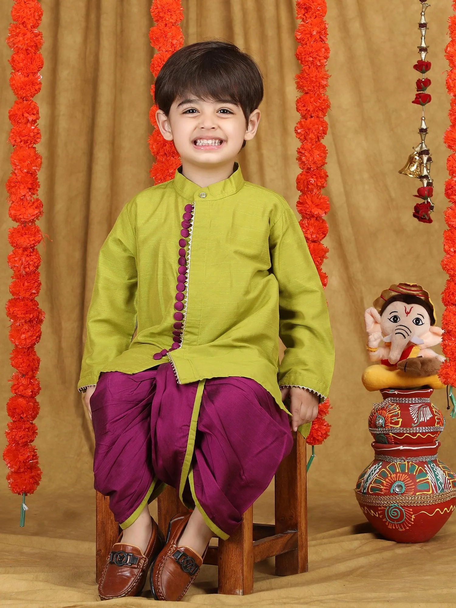 Polka Tots Full Sleeve Angrakha With Dhoti - Magenta