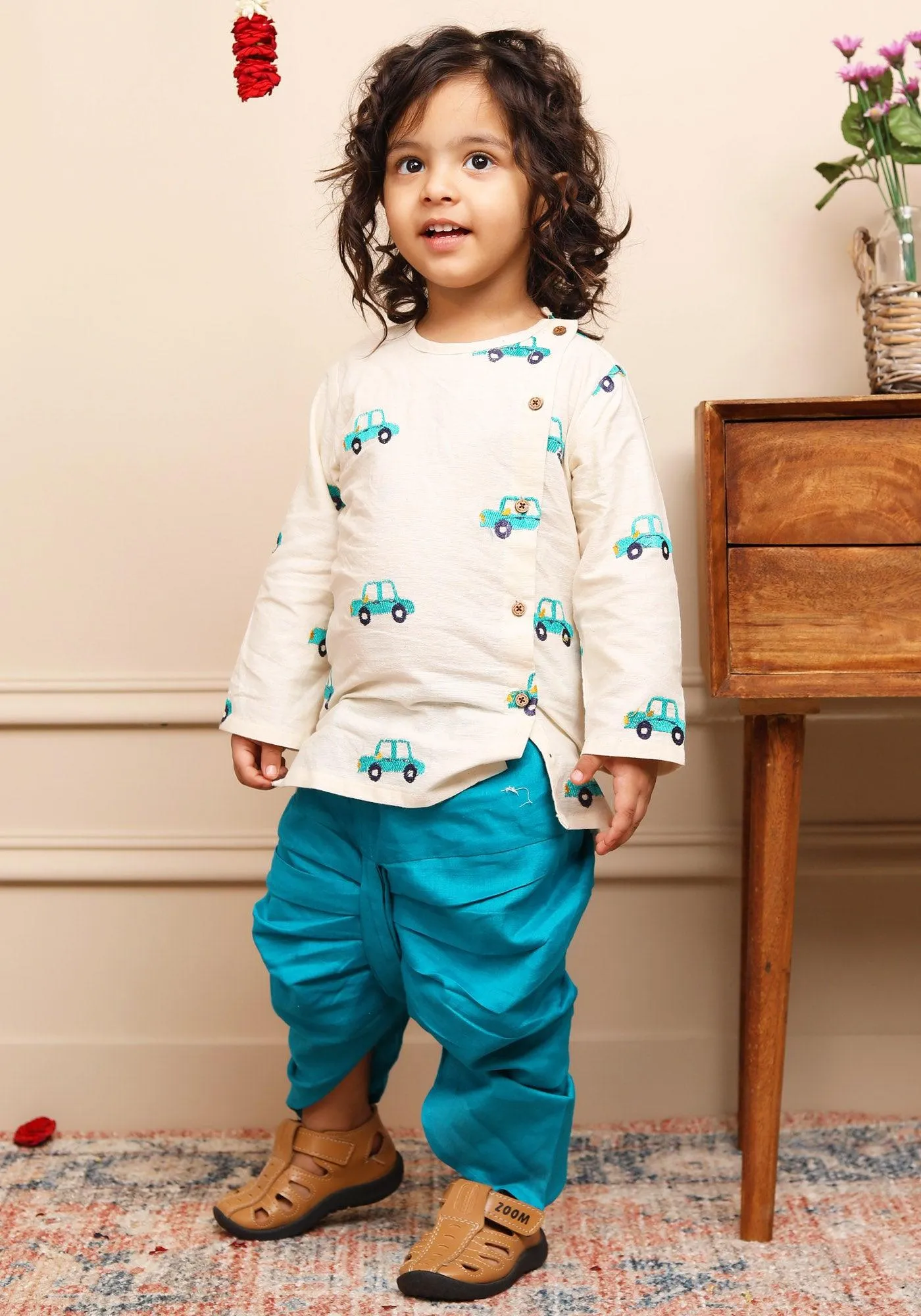 Polka Tots Full Sleeve Car Embroidery Angrakha Top With Dhoti - cream
