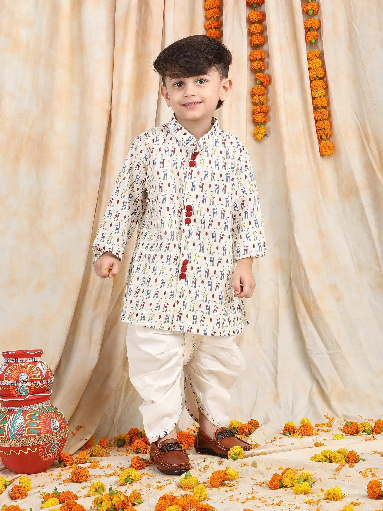 Polka Tots Full Sleeve Cat print Angrakha With Dhoti - White
