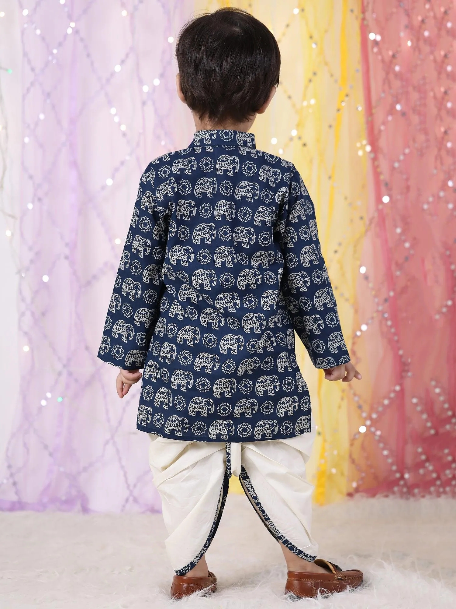 Polka Tots Full Sleeve Elephant print Kurta With Dhoti Set - Navy Blue