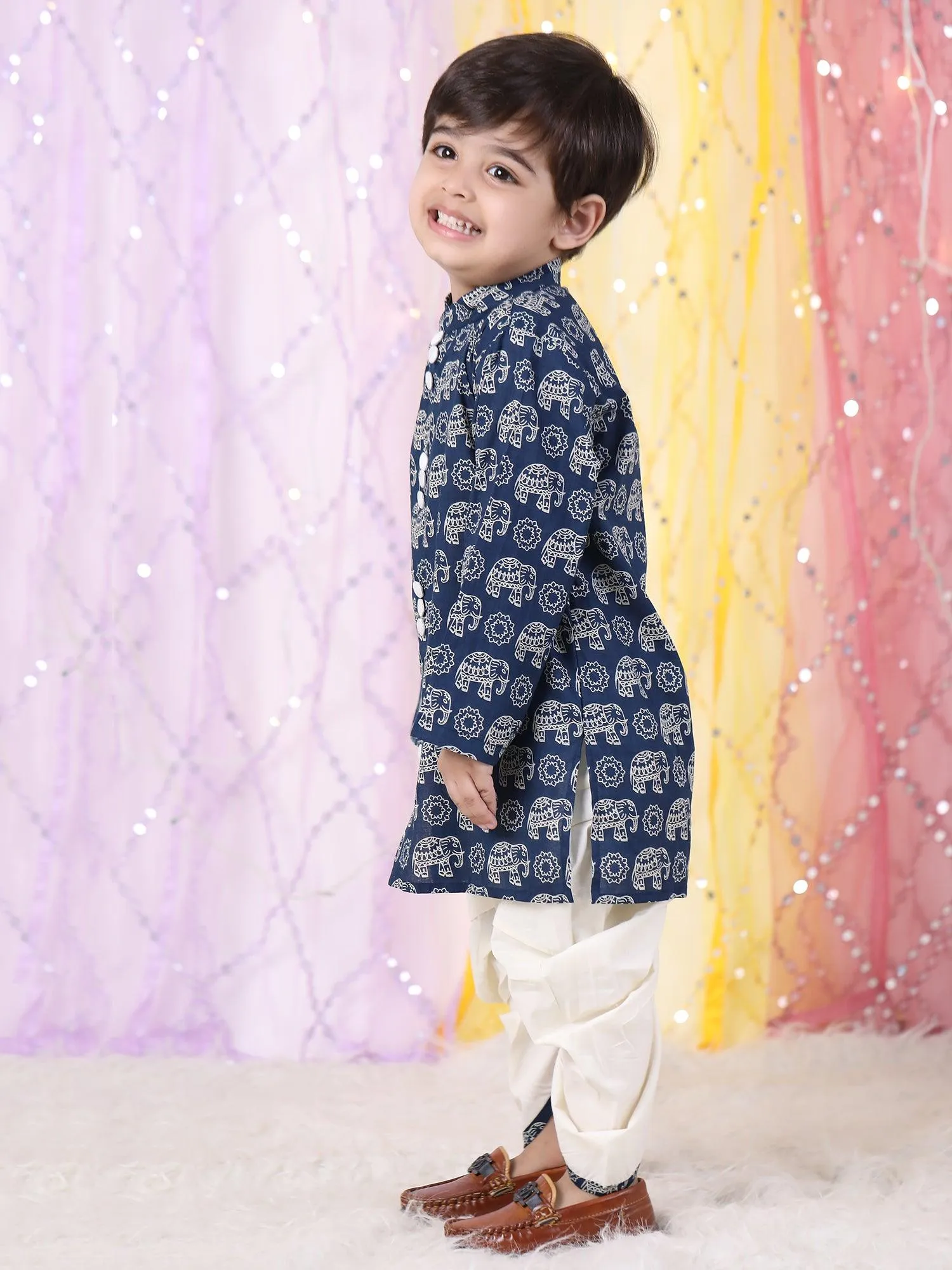 Polka Tots Full Sleeve Elephant print Kurta With Dhoti Set - Navy Blue