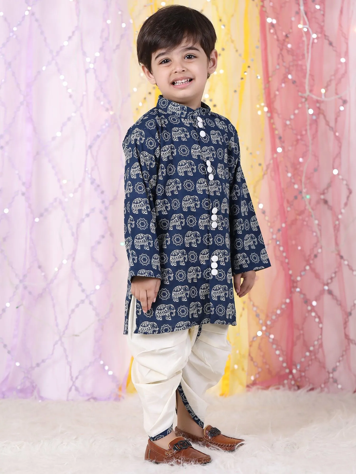 Polka Tots Full Sleeve Elephant print Kurta With Dhoti Set - Navy Blue