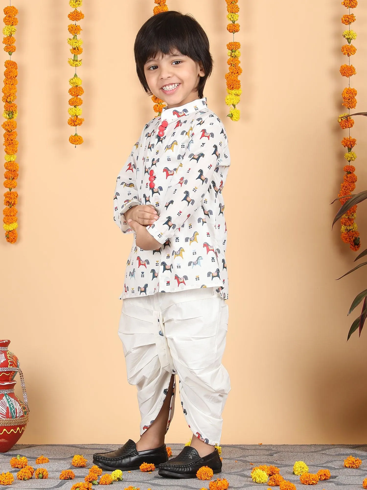 Polka Tots Full Sleeve Horse print Kurta With Dhoti set - Multicolor