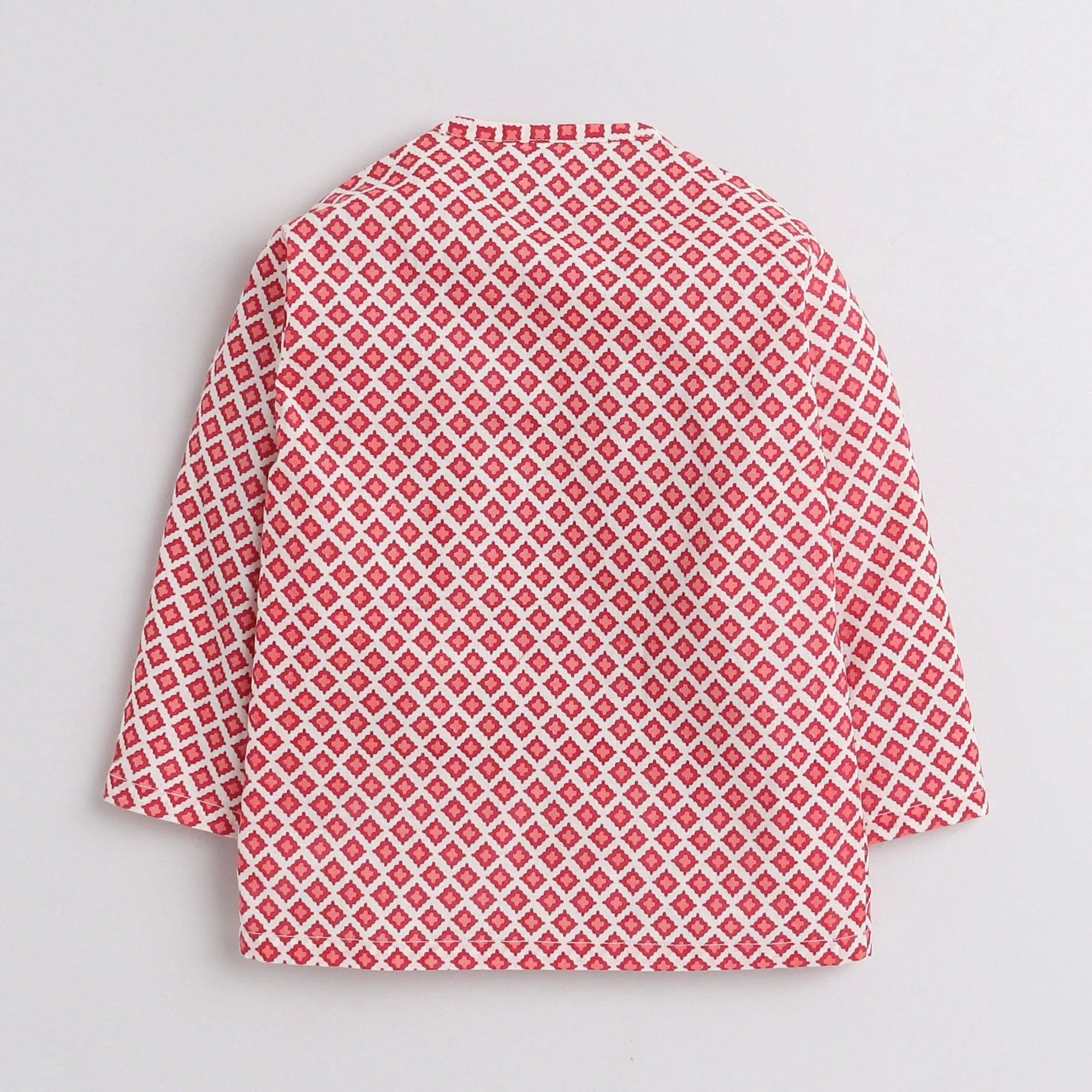 Polka Tots Full Sleeve Small Square Print With Piping Dhoti - Cream