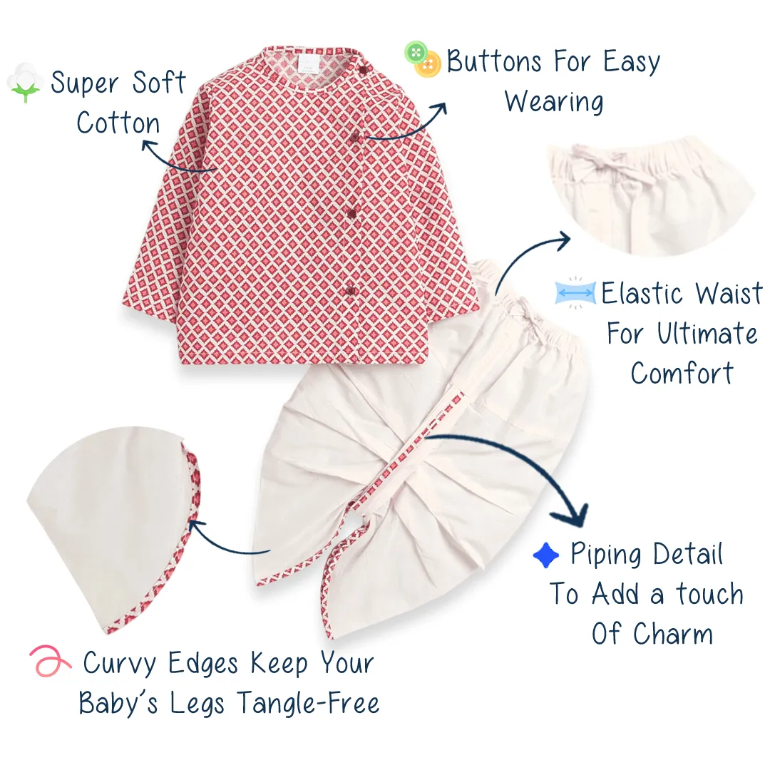 Polka Tots Full Sleeve Small Square Print With Piping Dhoti - Cream