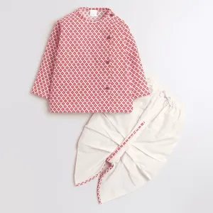 Polka Tots Full Sleeve Small Square Print With Piping Dhoti - Cream