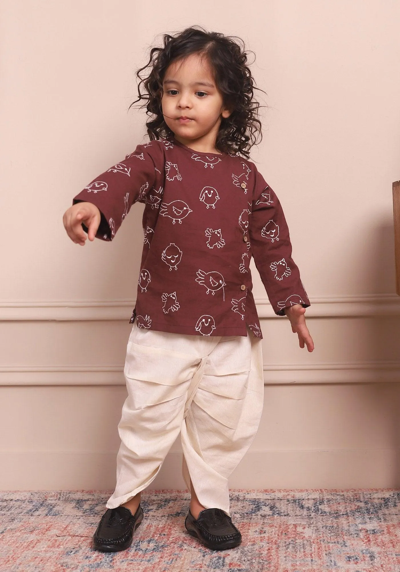 Polka Tots Full Sleeves Birds Embroidery Angrakha with Dhoti  - Wine