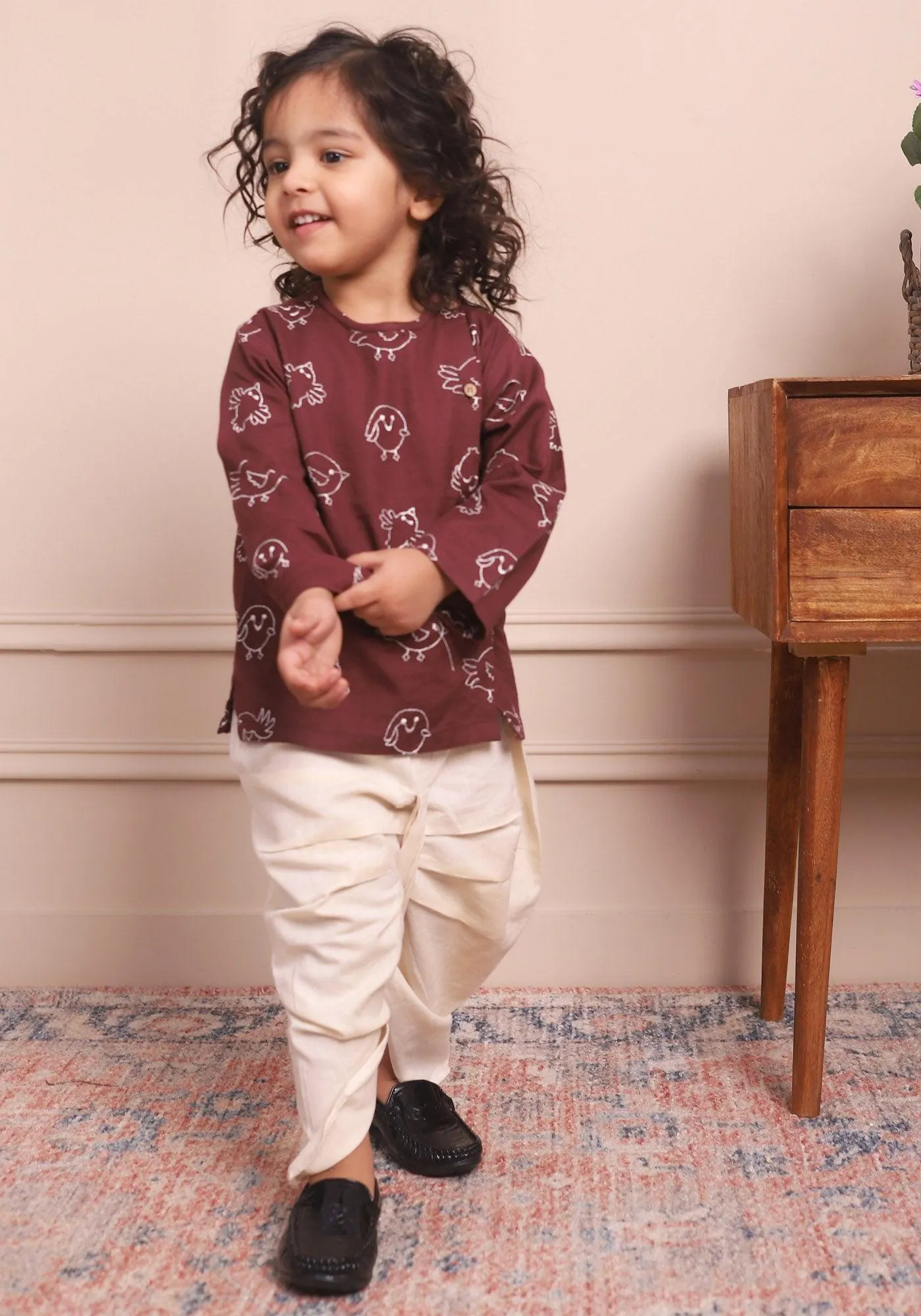 Polka Tots Full Sleeves Birds Embroidery Angrakha with Dhoti  - Wine