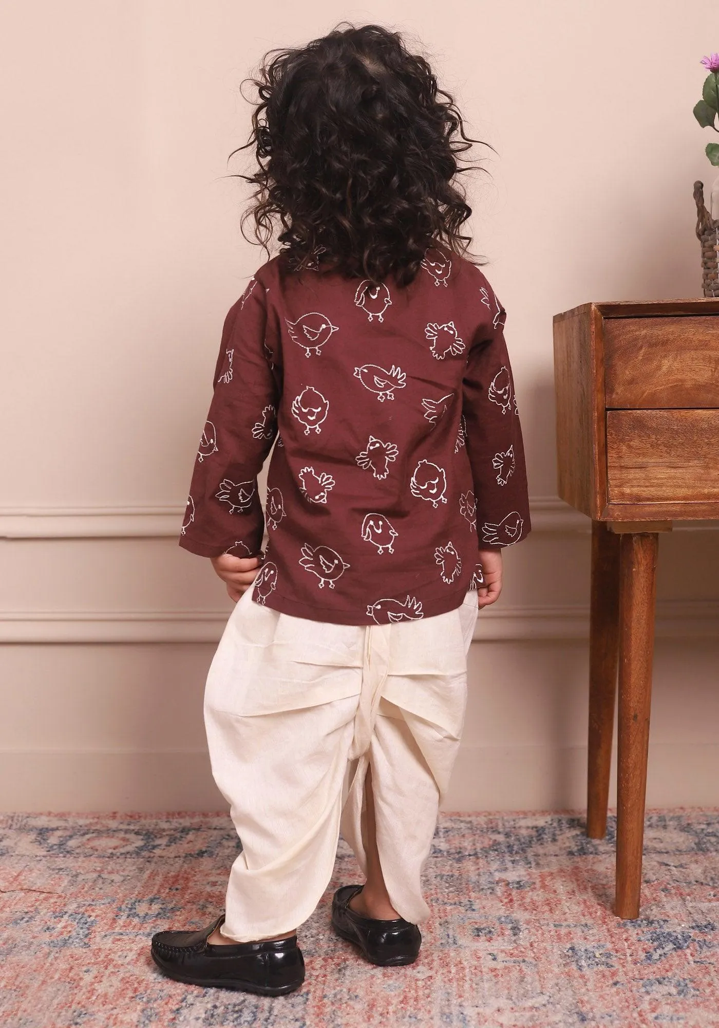 Polka Tots Full Sleeves Birds Embroidery Angrakha with Dhoti  - Wine