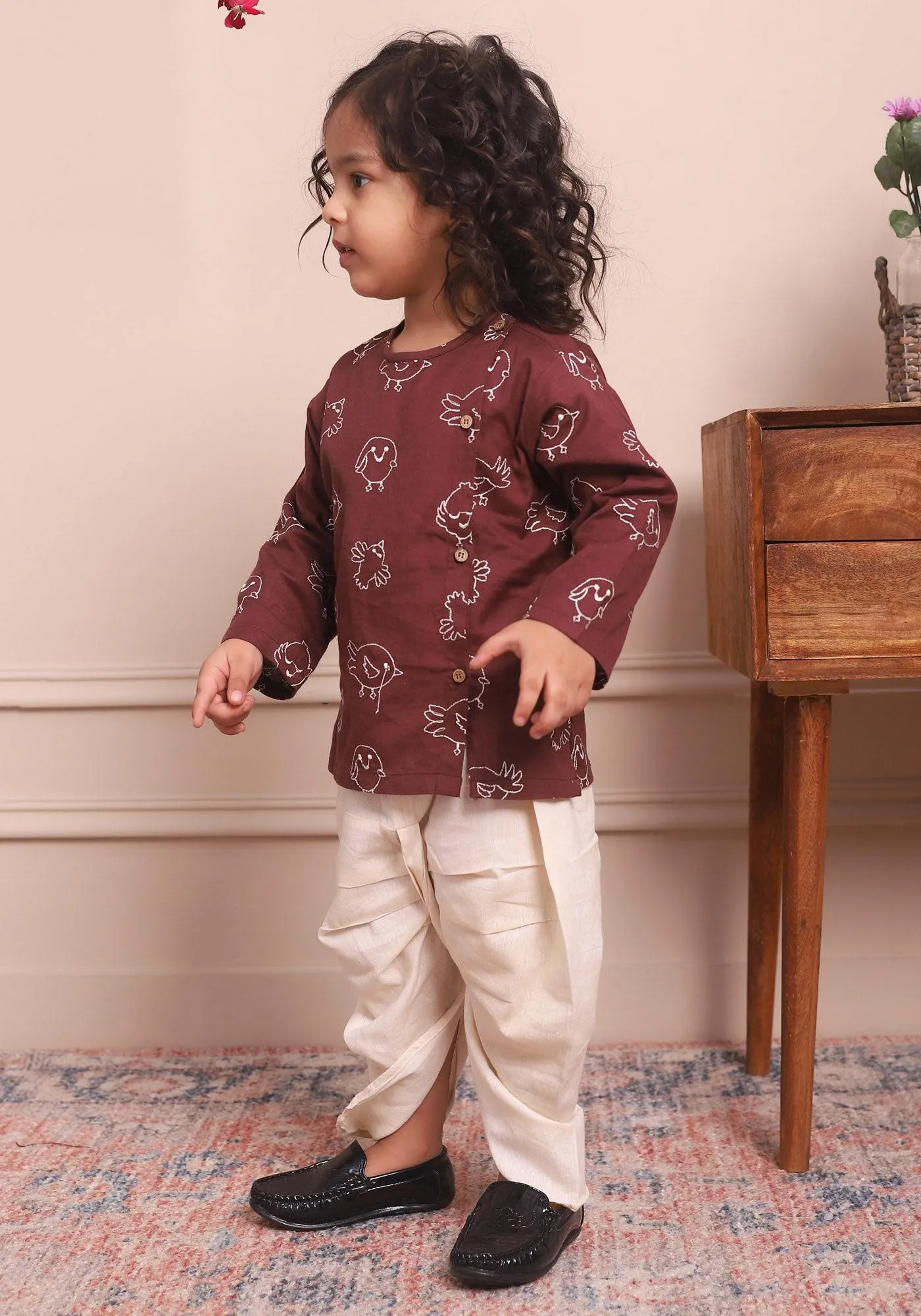 Polka Tots Full Sleeves Birds Embroidery Angrakha with Dhoti  - Wine