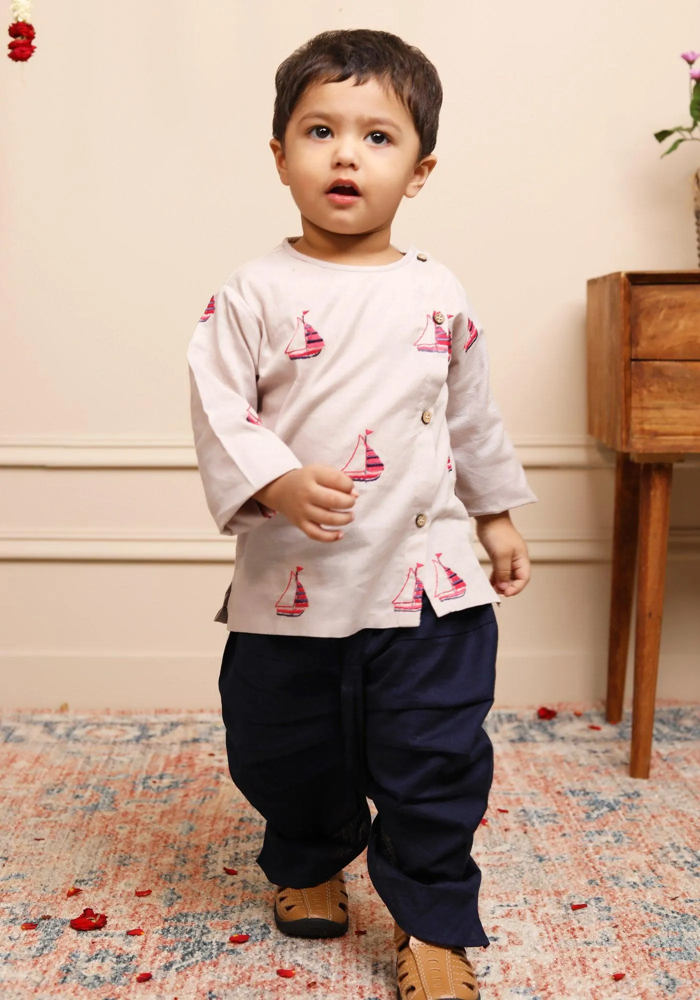 Polka Tots Full Sleeves Boat Embroidery Angrakha with Dhoti - Grey