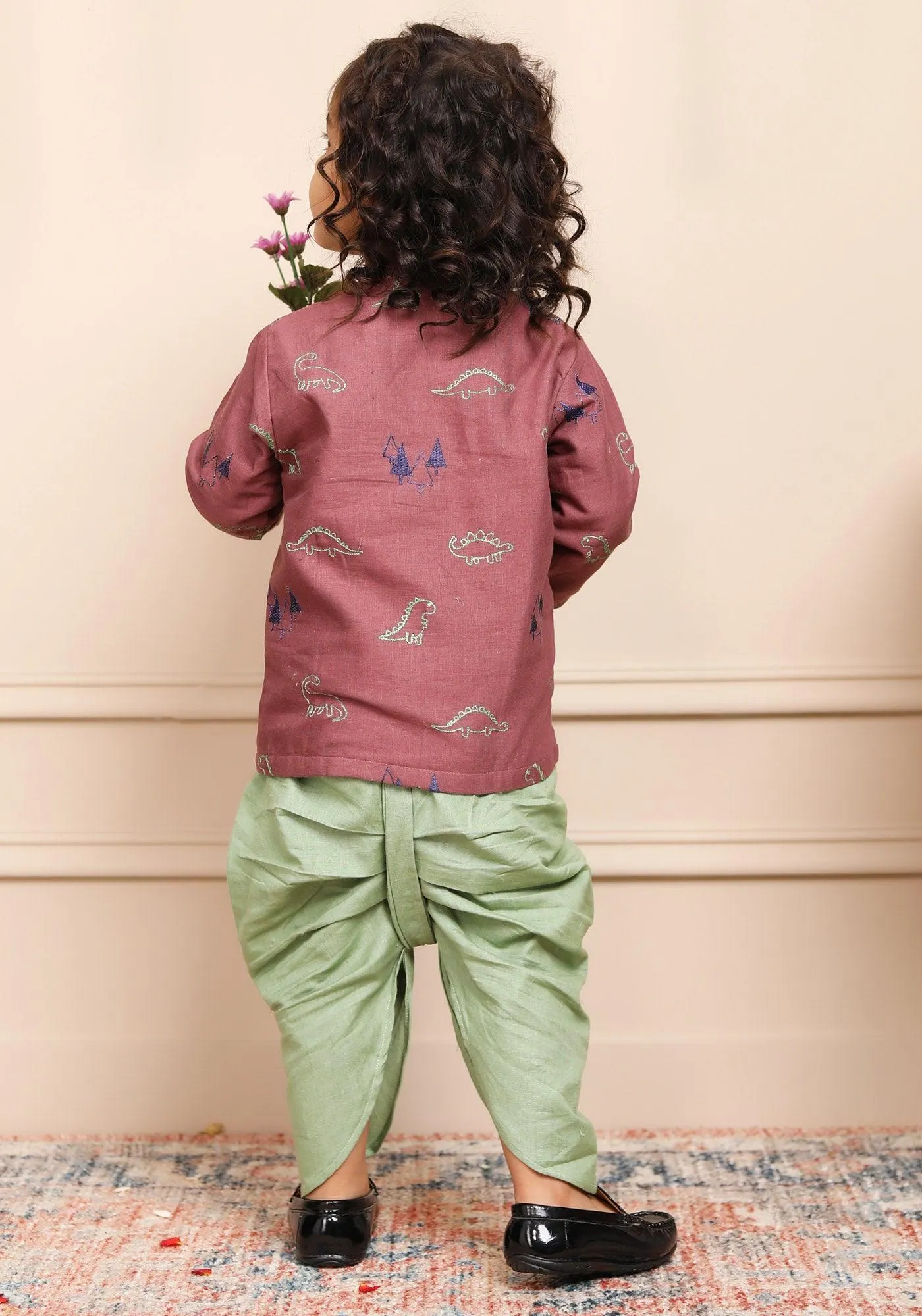 Polka Tots Full Sleeves Dinosaur Embroidery Angrakha with Dhoti - Dusty Pink