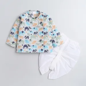 Polka Tots Full Sleeves Elephant print Angrakha with Dhoti - Blue