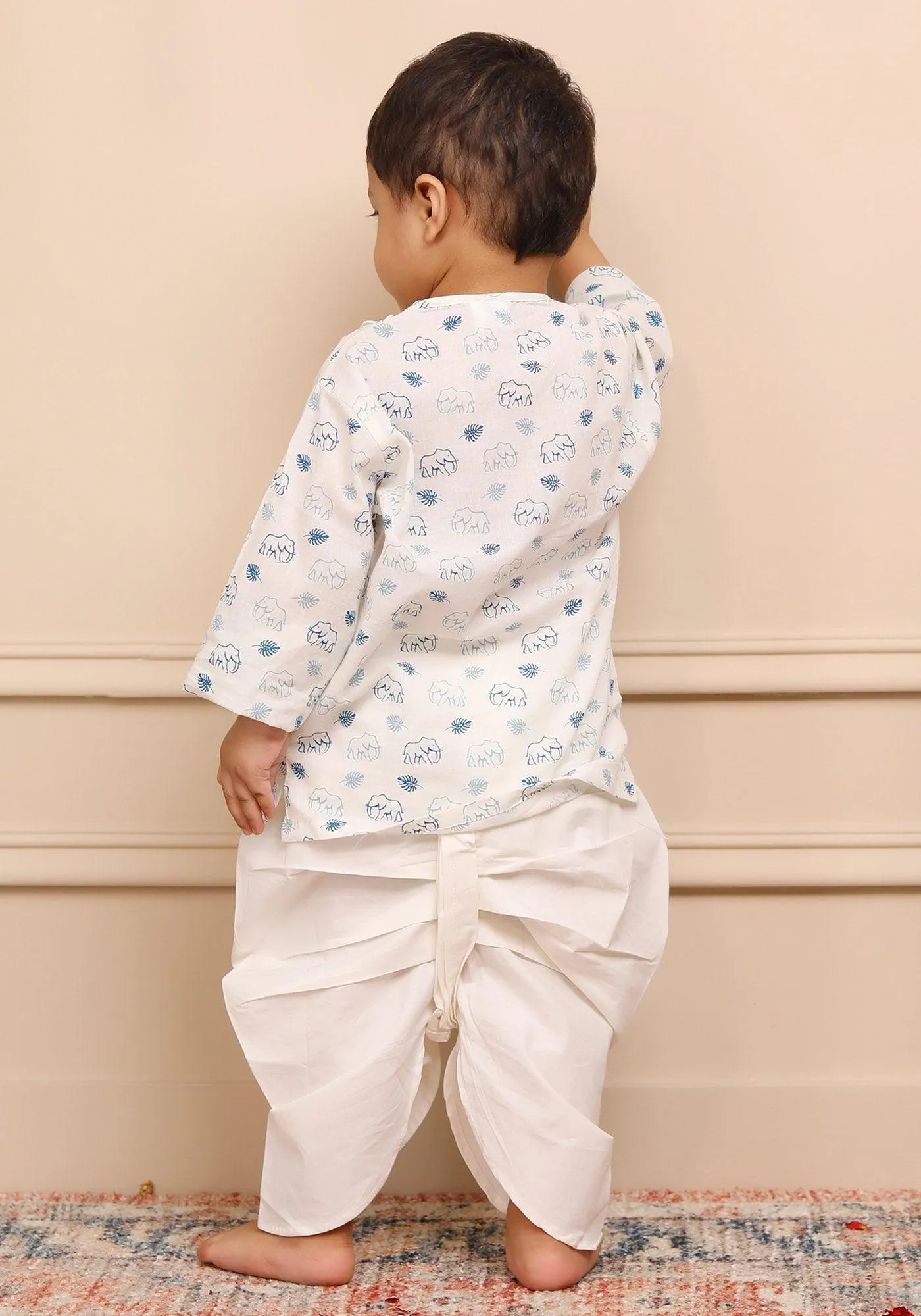 Polka Tots Full Sleeves Elephant Print Angrakha with Dhoti - White & Blue