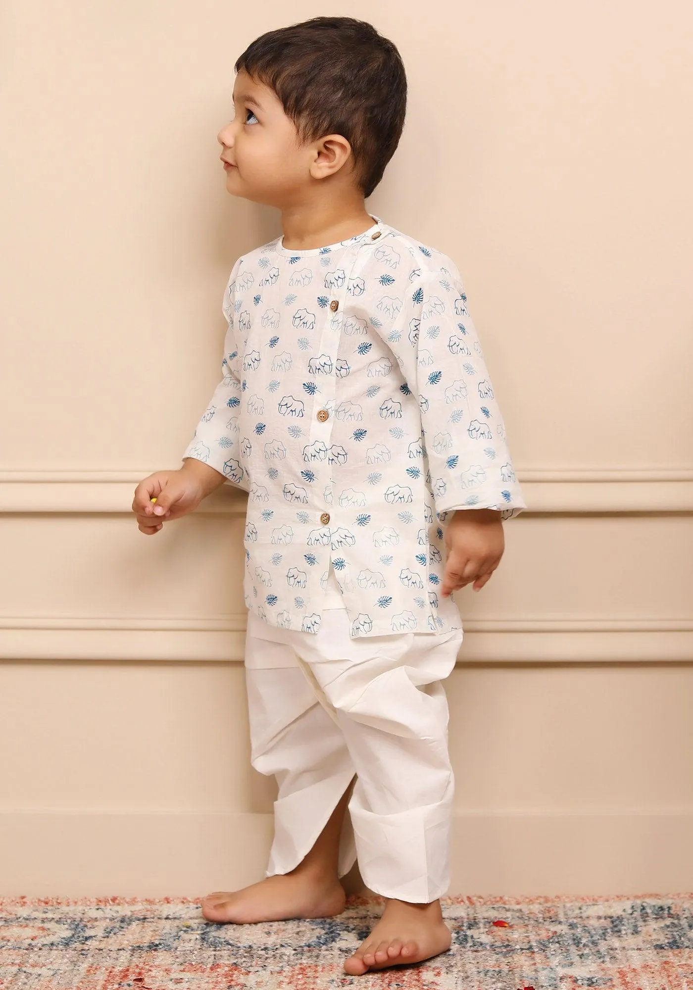 Polka Tots Full Sleeves Elephant Print Angrakha with Dhoti - White & Blue