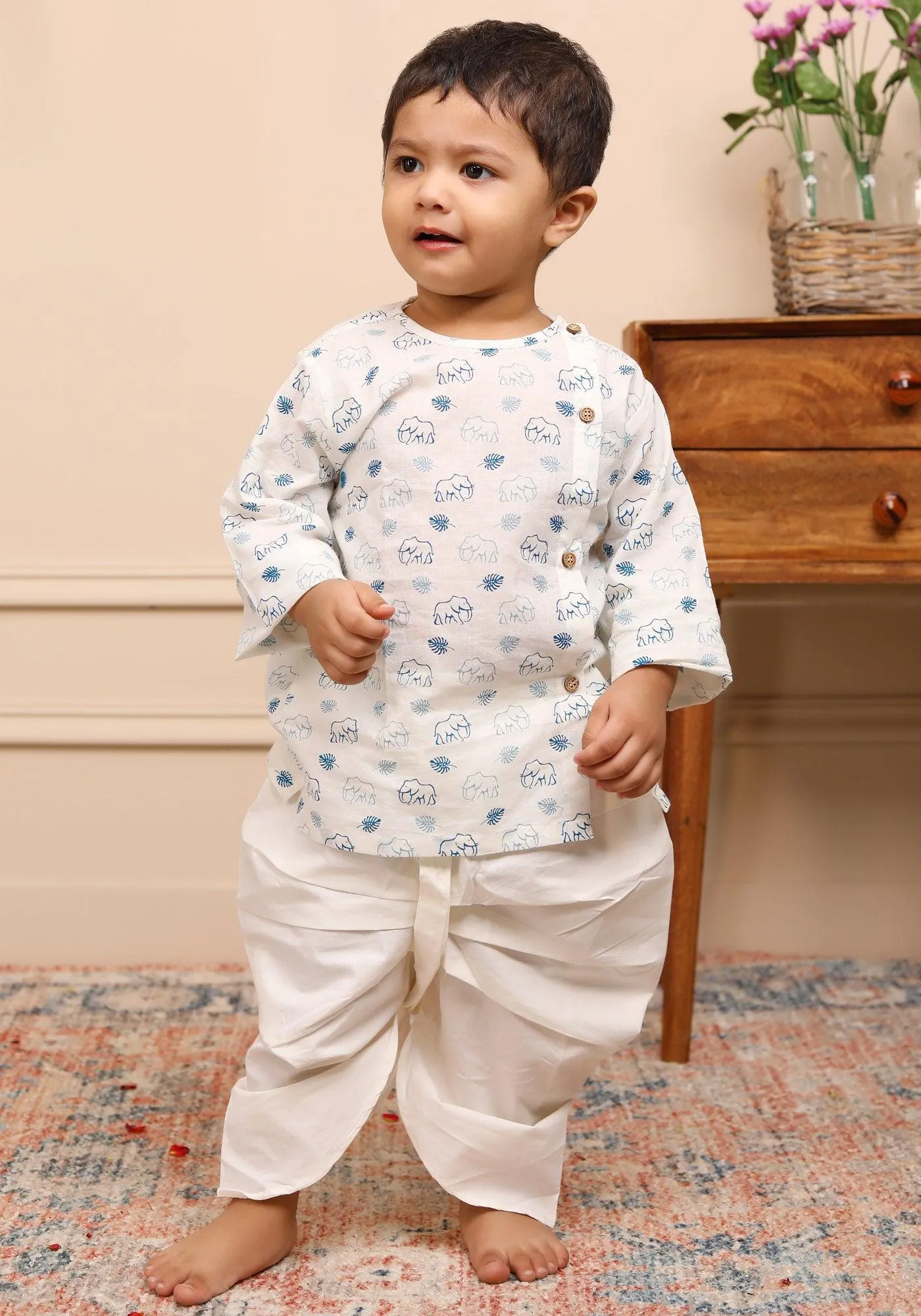 Polka Tots Full Sleeves Elephant Print Angrakha with Dhoti - White & Blue
