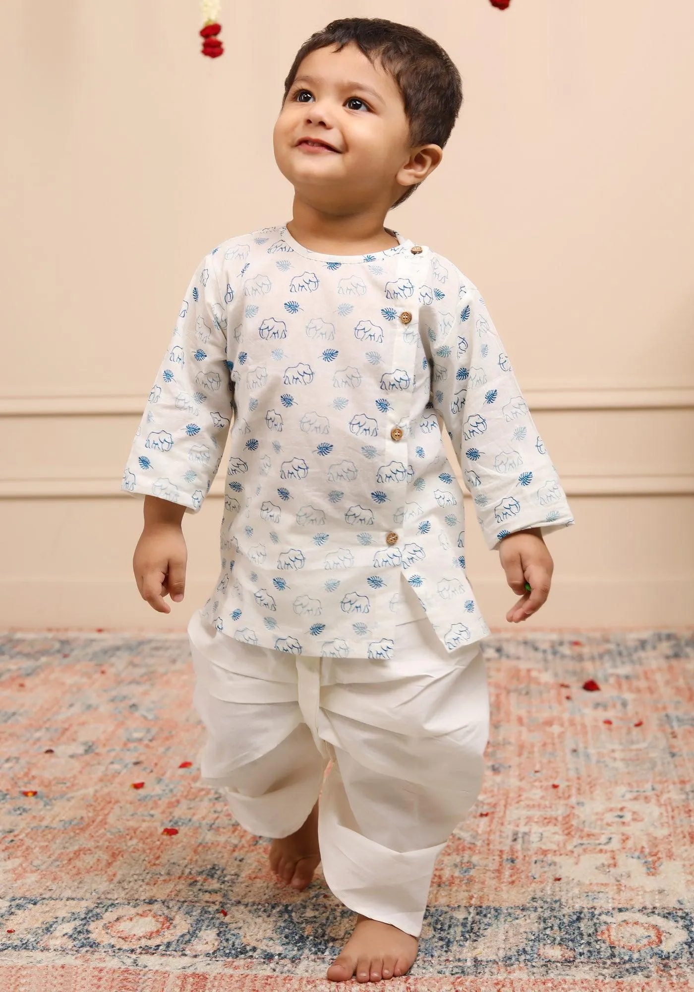 Polka Tots Full Sleeves Elephant Print Angrakha with Dhoti - White & Blue