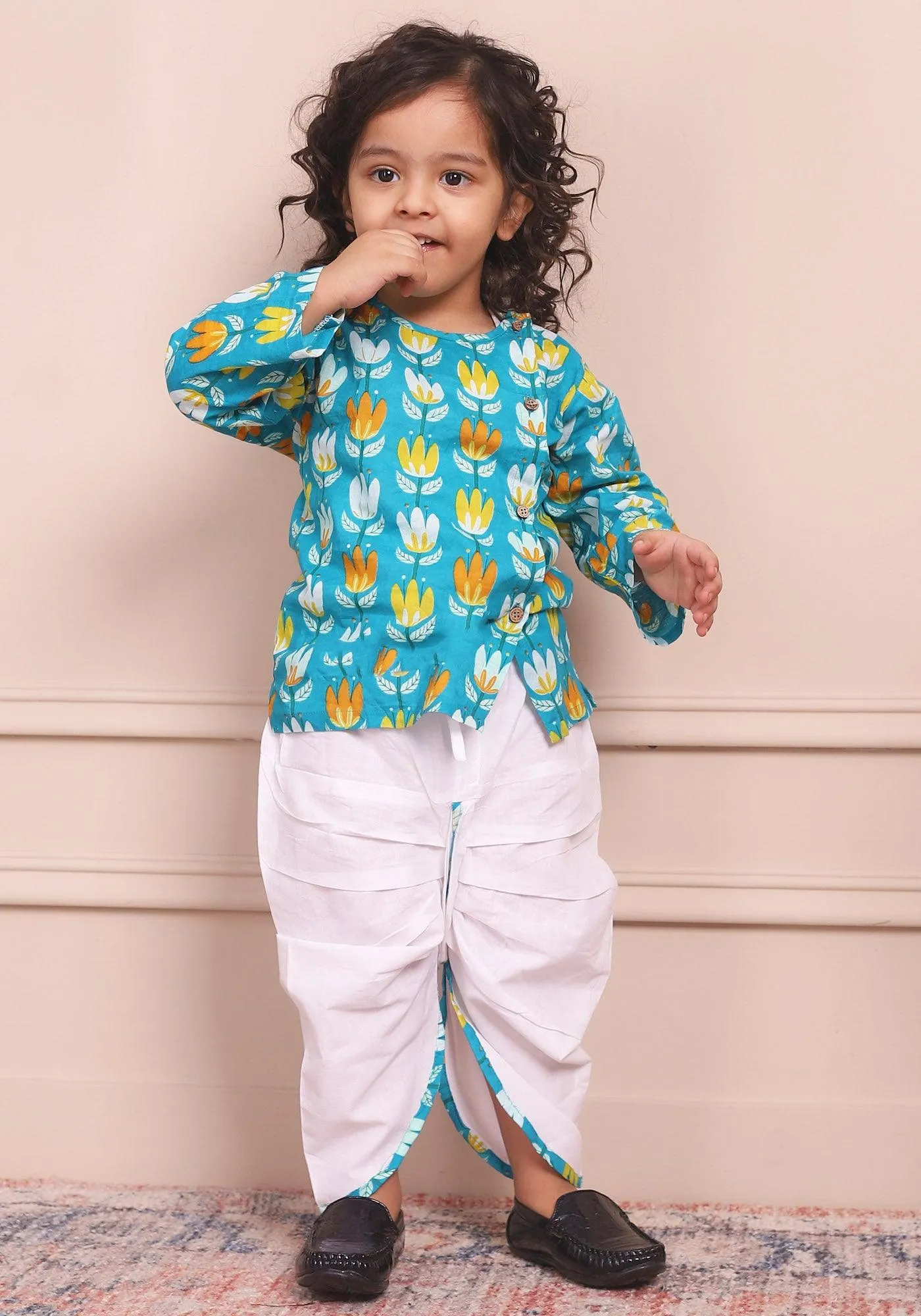 Polka Tots Full Sleeves Lotus Print Angrakha with Dhoti - Blue