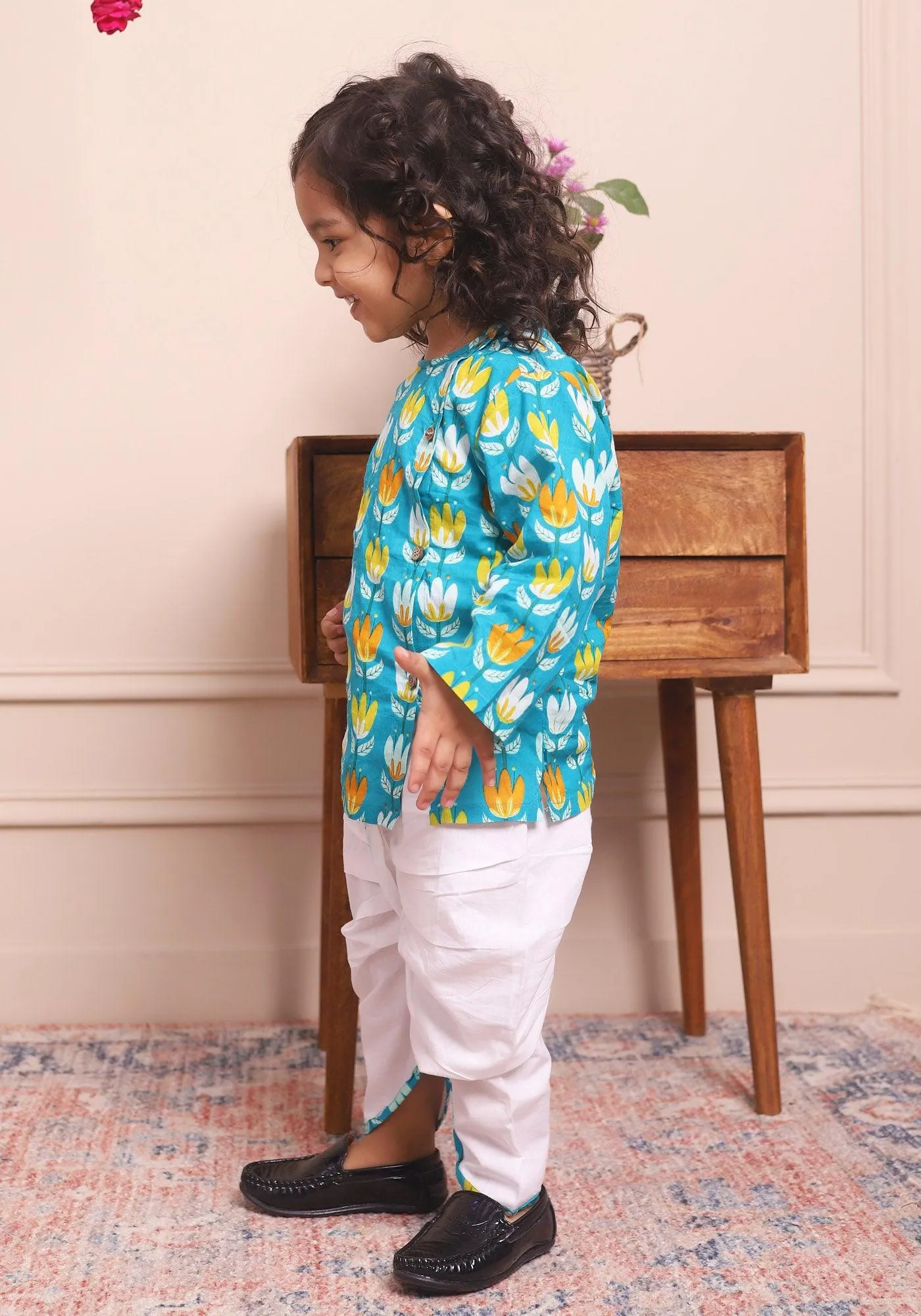 Polka Tots Full Sleeves Lotus Print Angrakha with Dhoti - Blue