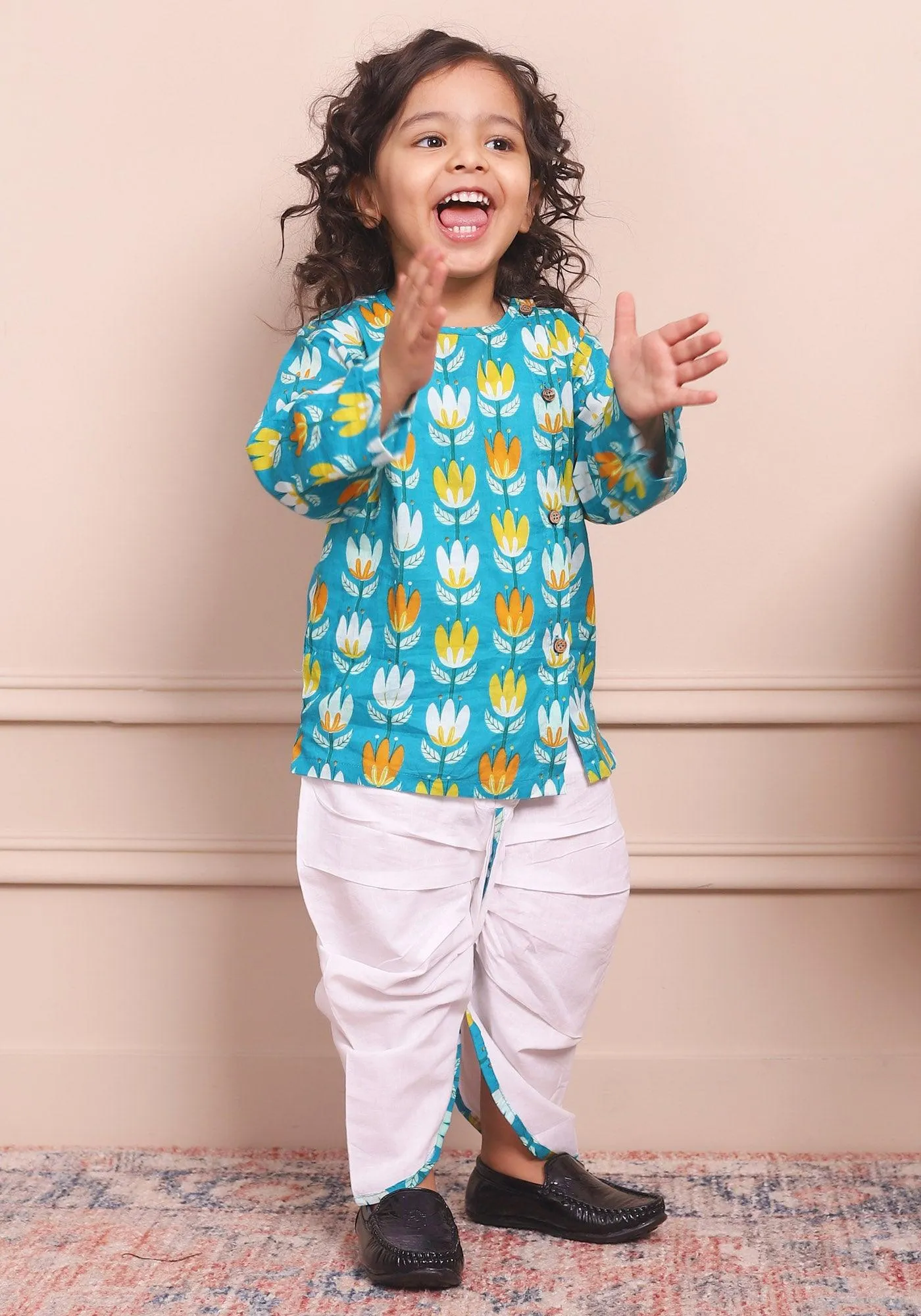 Polka Tots Full Sleeves Lotus Print Angrakha with Dhoti - Blue