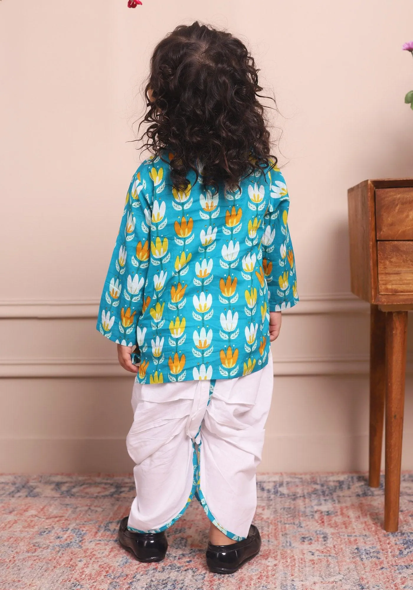 Polka Tots Full Sleeves Lotus Print Angrakha with Dhoti - Blue