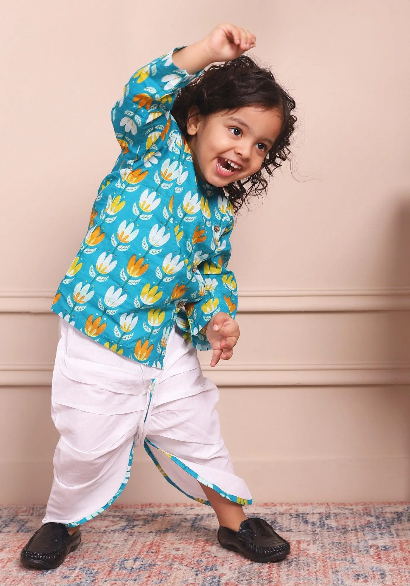Polka Tots Full Sleeves Lotus Print Angrakha with Dhoti - Blue