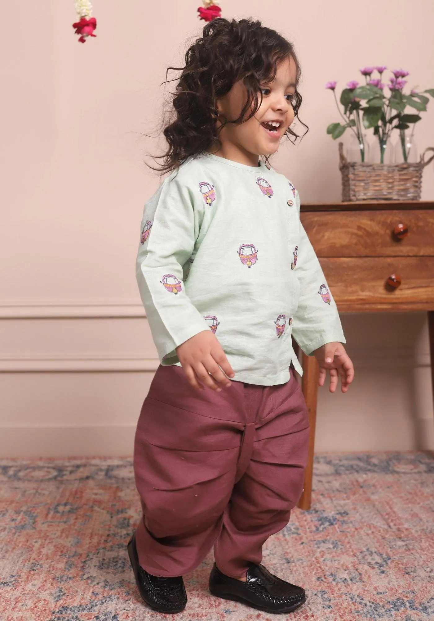 Polka Tots Full Sleeves Rickshaw Embroidery Angrakha with Dhoti - Green