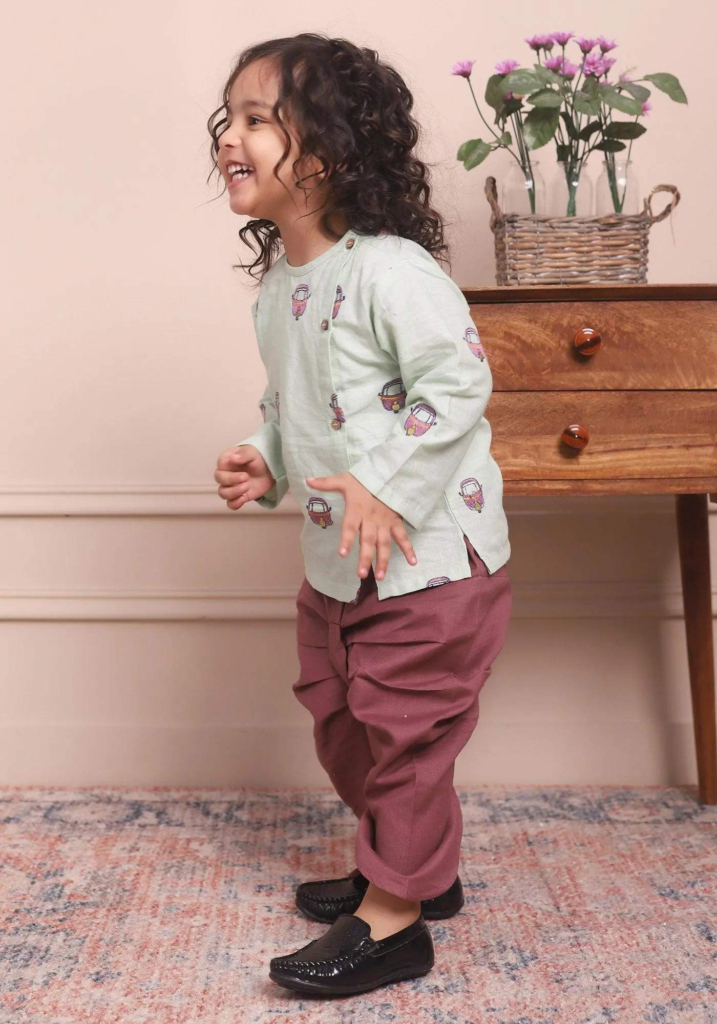 Polka Tots Full Sleeves Rickshaw Embroidery Angrakha with Dhoti - Green