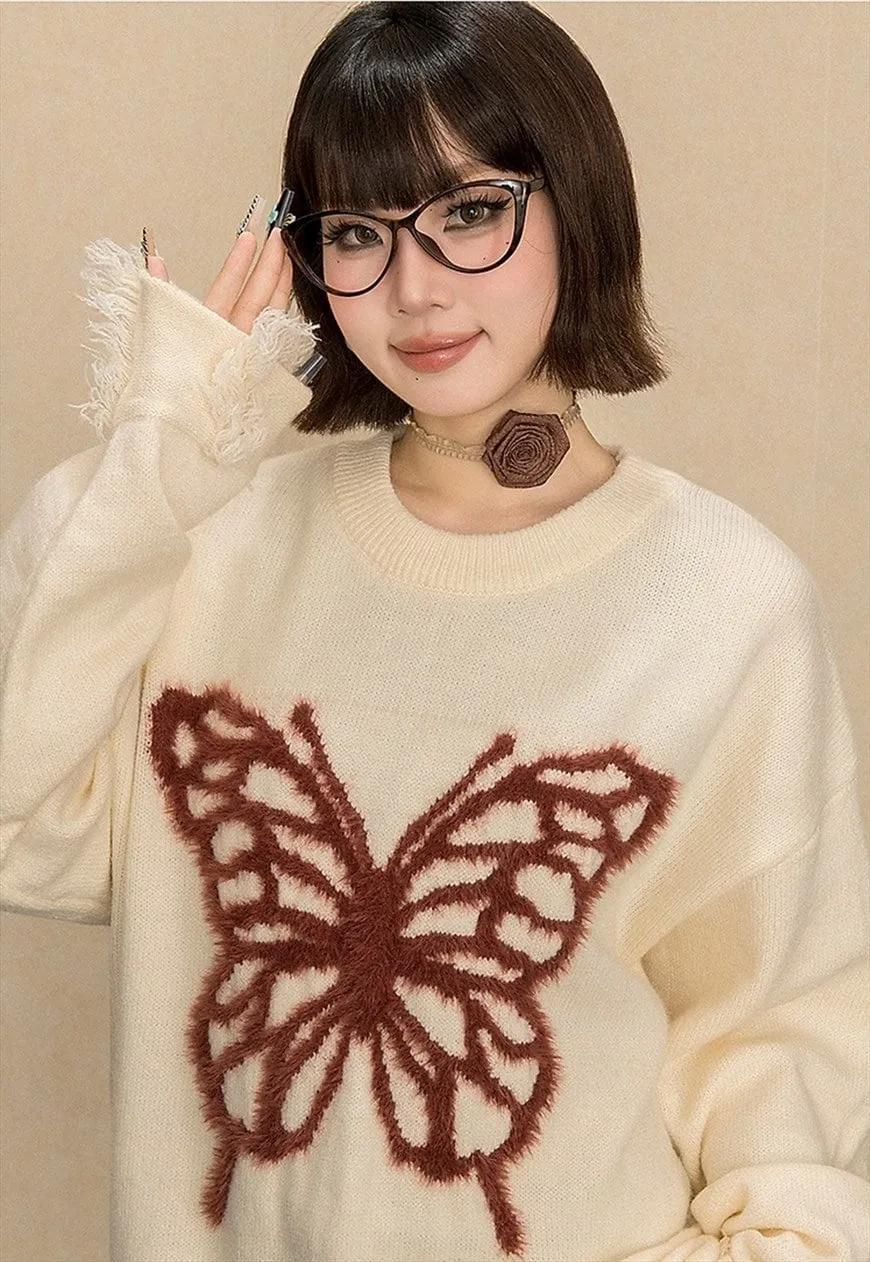 Ripped sweater cream butterfly jumper grunge knitted top