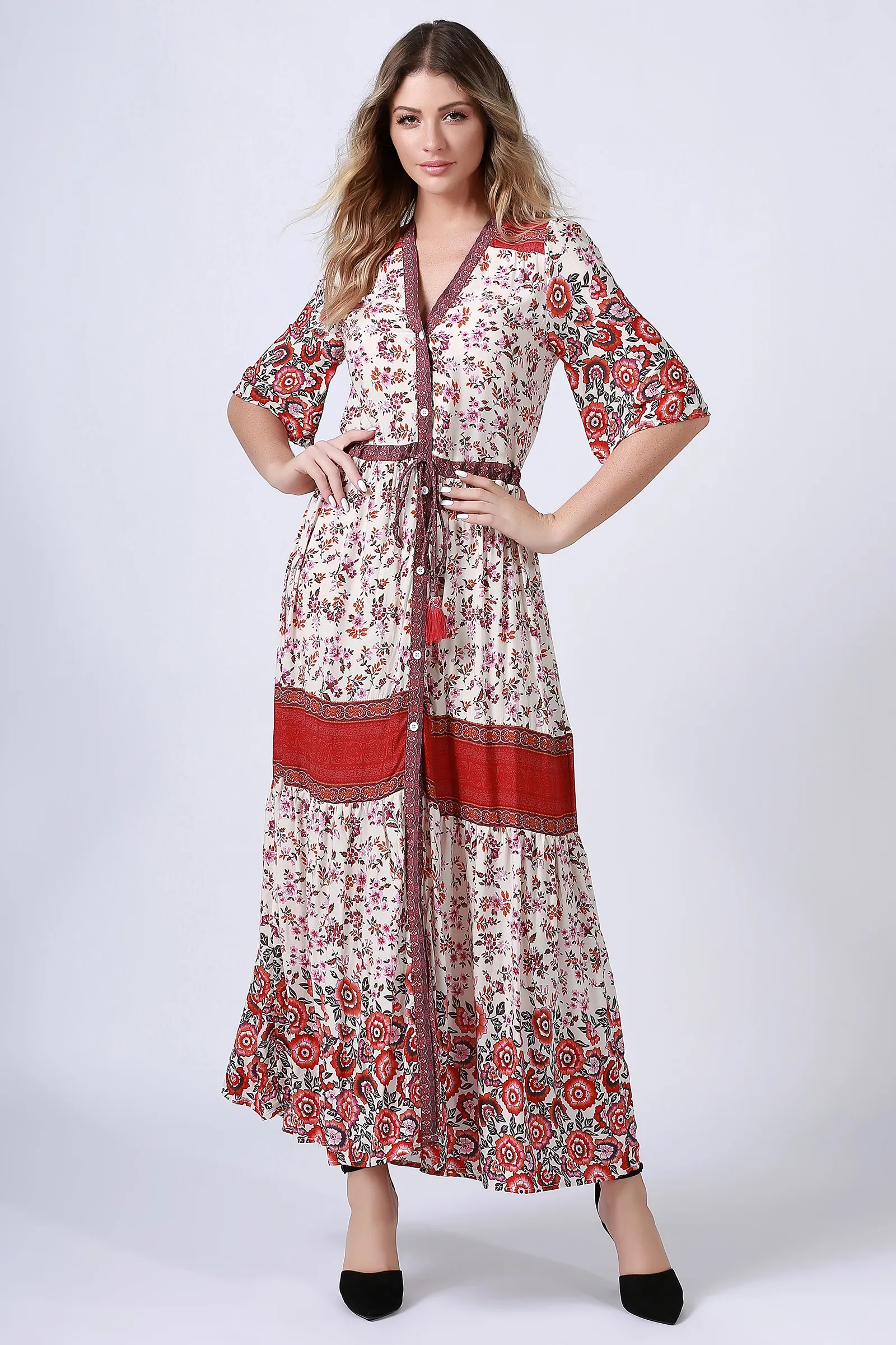 tasseled deep V neck maxi floral boho dress