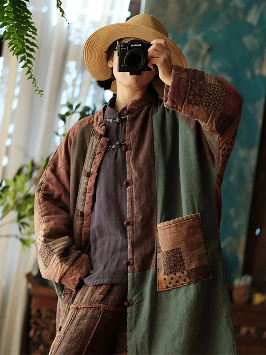 Women Retro Patch Spliced Cotton Padded Coat