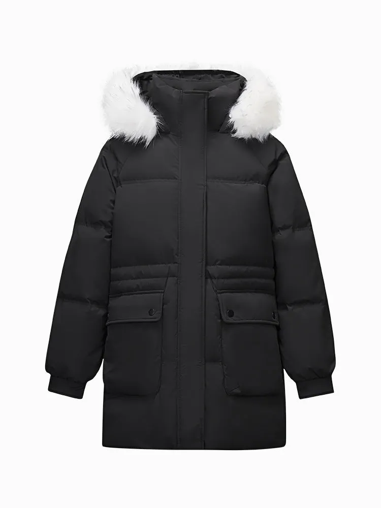 Women's milky white medium length thick down jacket