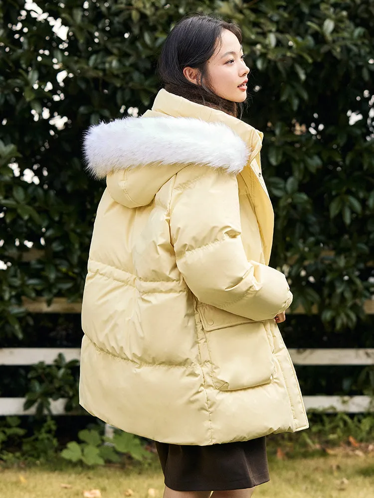 Women's milky white medium length thick down jacket