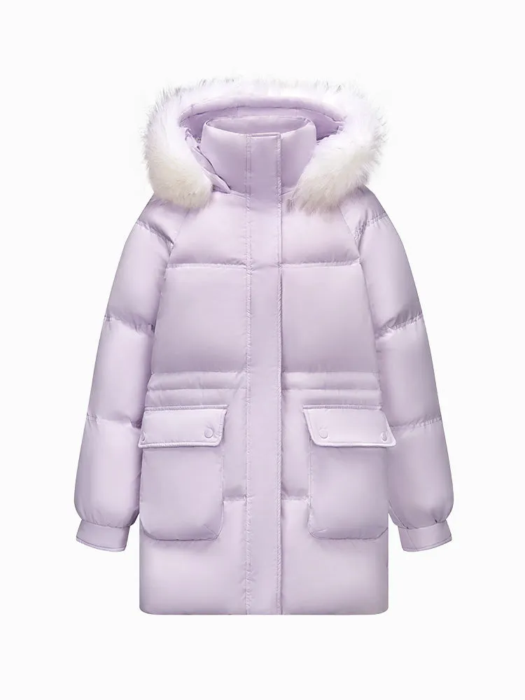 Women's milky white medium length thick down jacket