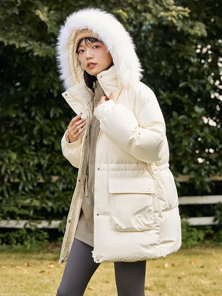 Women's milky white medium length thick down jacket