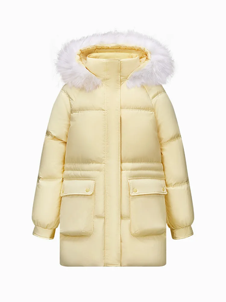 Women's milky white medium length thick down jacket