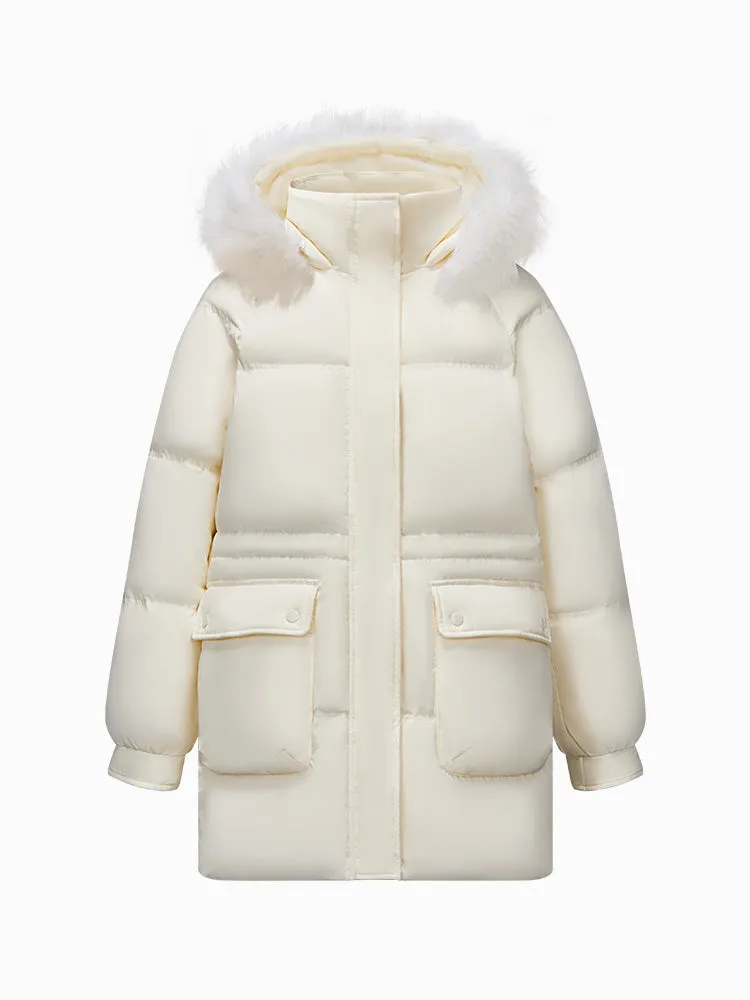Women's milky white medium length thick down jacket