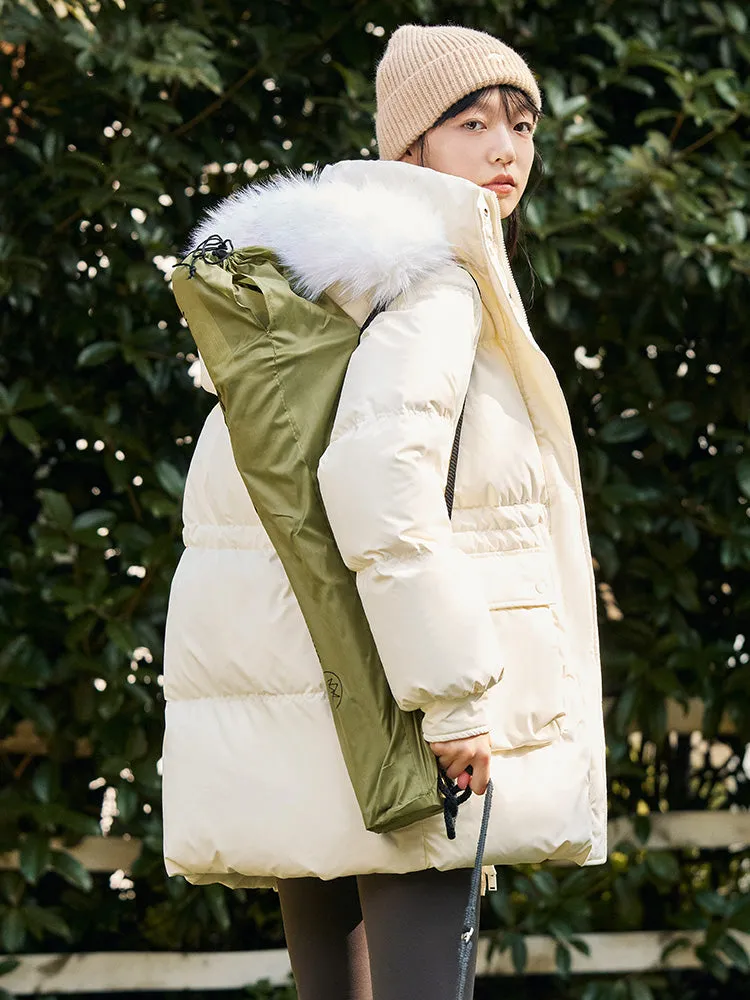 Women's milky white medium length thick down jacket