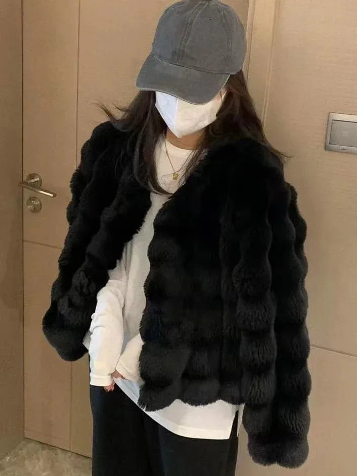 Women's Short Imitation Fur Plush Collarless Coat