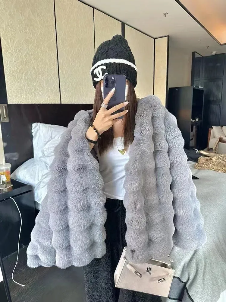 Women's Short Imitation Fur Plush Collarless Coat