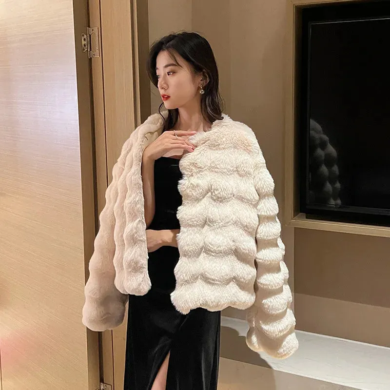 Women's Short Imitation Fur Plush Collarless Coat