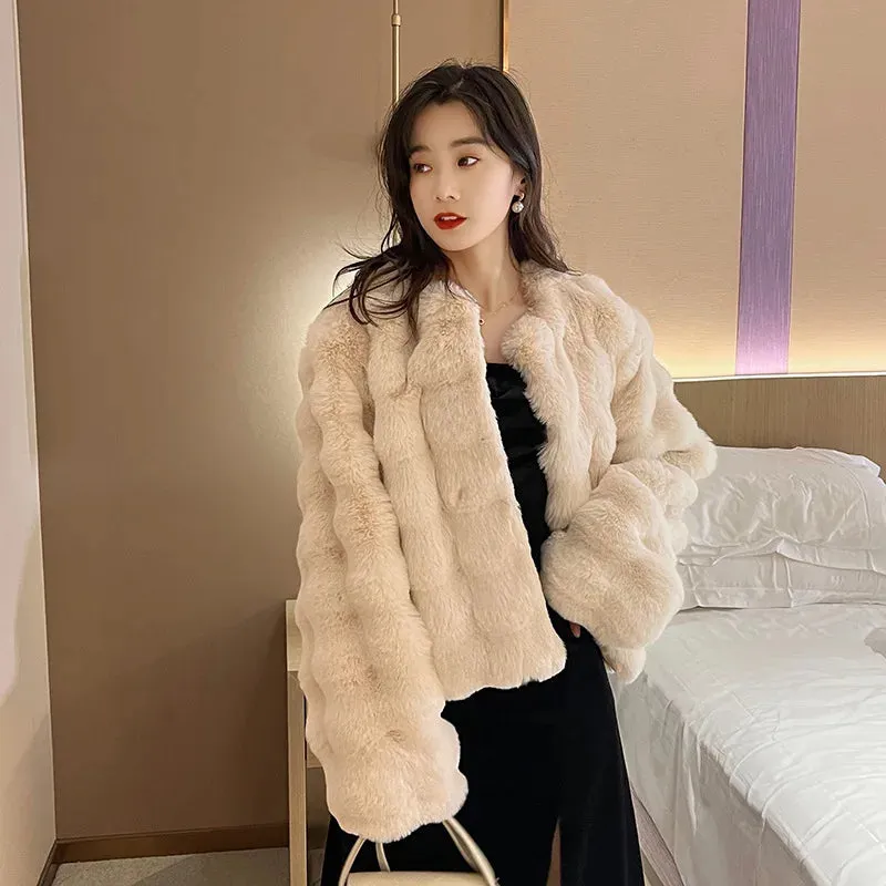 Women's Short Imitation Fur Plush Collarless Coat