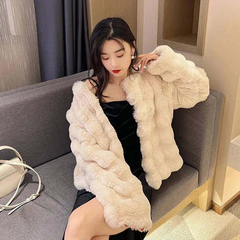 Women's Short Imitation Fur Plush Collarless Coat