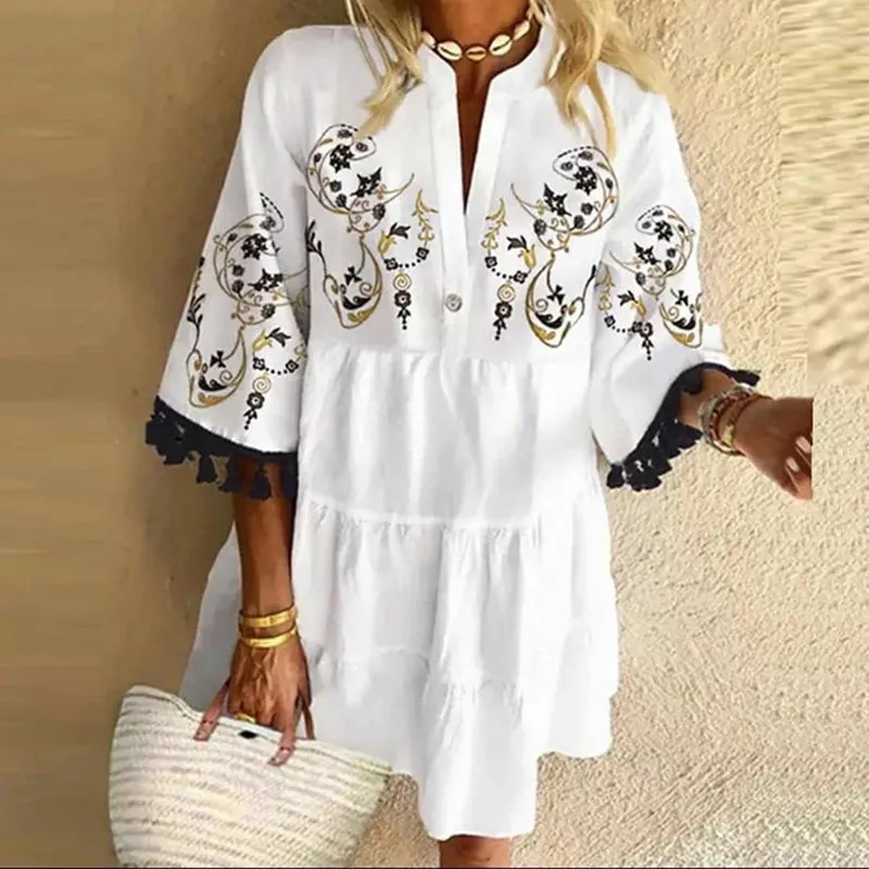 Women's Summer V-Neck Casual Mini Loose Beach Dress