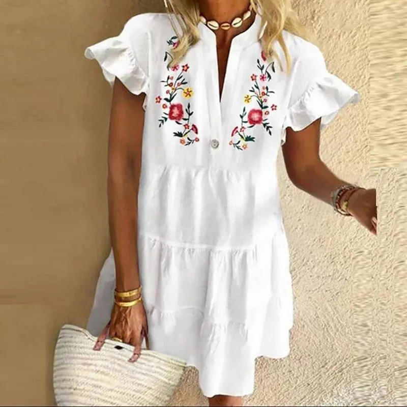 Women's Summer V-Neck Casual Mini Loose Beach Dress