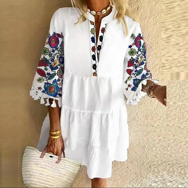 Women's Summer V-Neck Casual Mini Loose Beach Dress